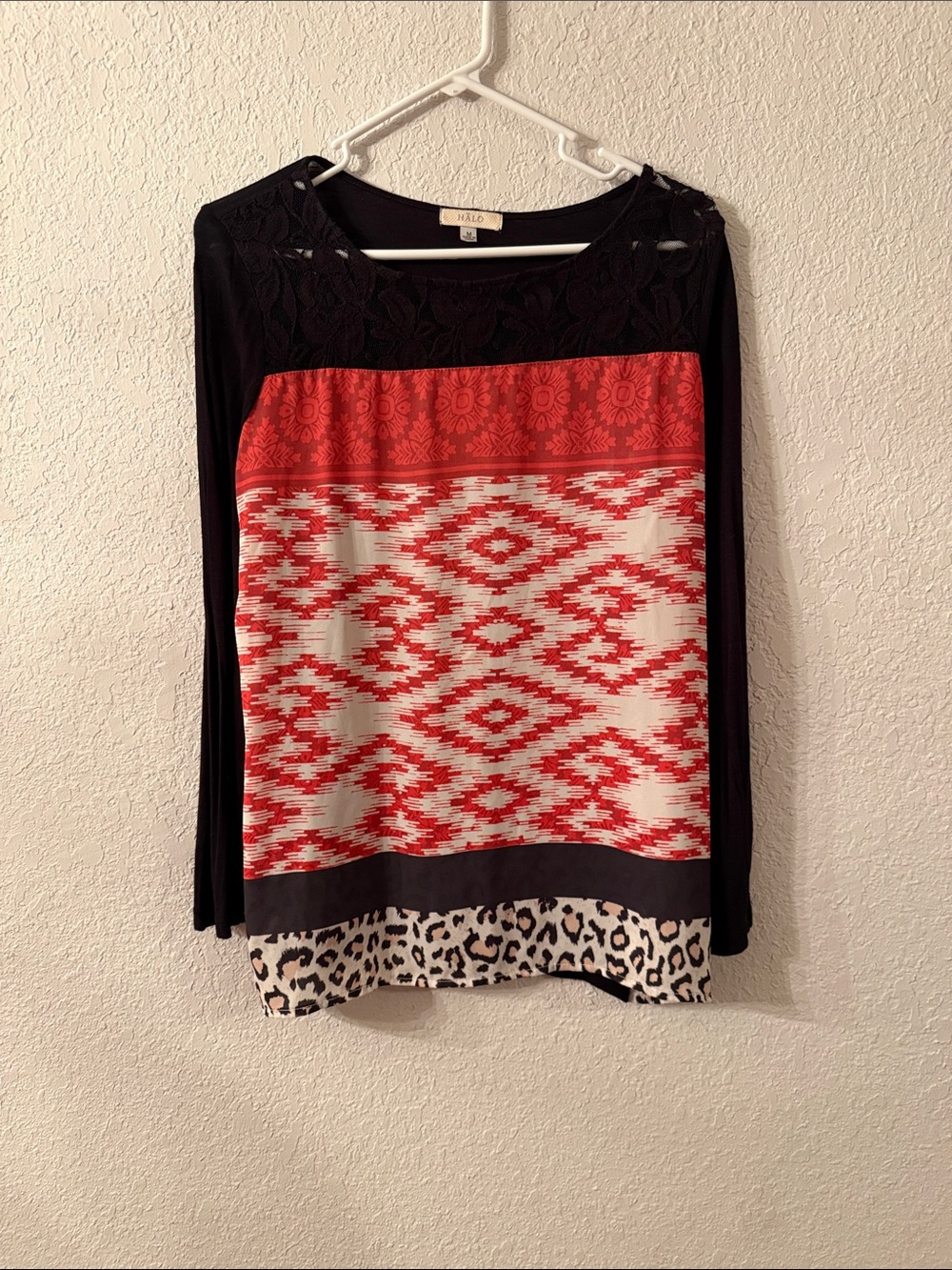 Halo Women's Black and Red Mixed-Print Long Sleeve Top
